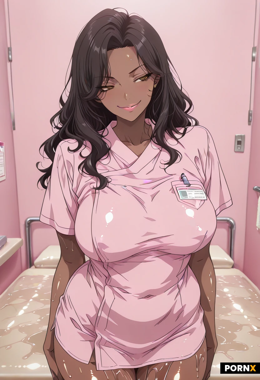 masterpiece, best quality, solo, Ebony skin tone, Ebony African futanari, cock slightly visible, (medical scrubs), brown eyes, glossy brown plump lips, large well rounded breasts, oiled skin, in a massage therapy room, detailed, long wavy hair, standing next to massage bed, wicked smirk on her face,