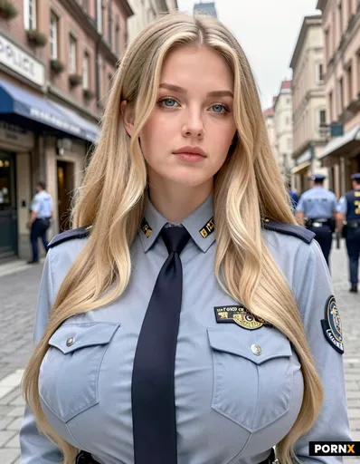 she stands on a city street in a police uniform