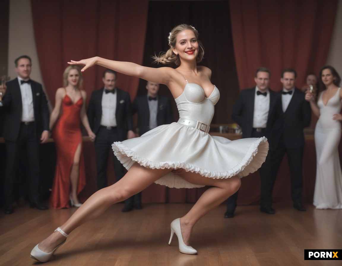 German woman dancing with men in background