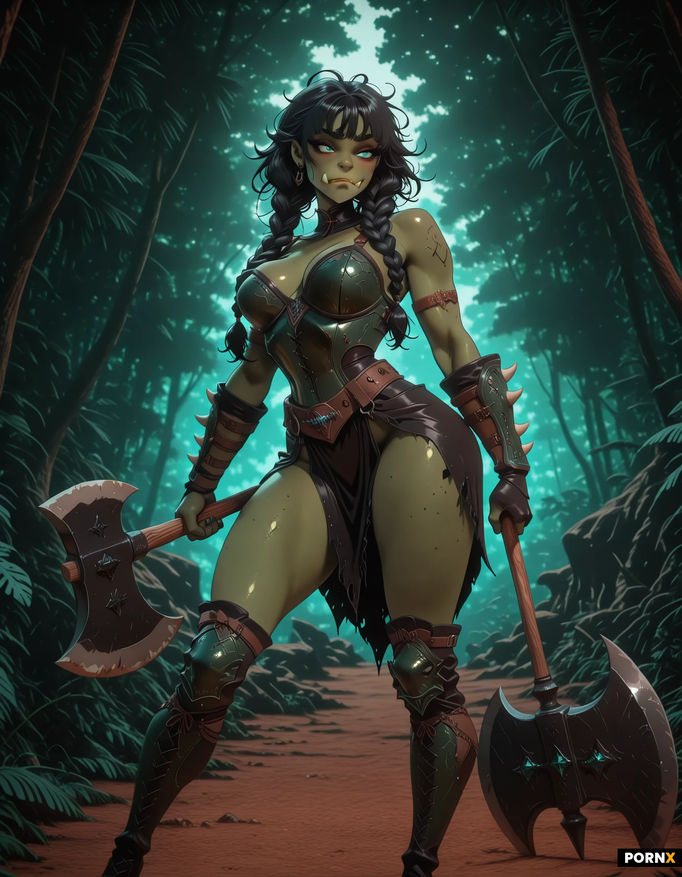 Orc Woman, Muscular, Lean, Long Black Hair, Messy Hair, Braids, (Green Skin:1.3), Cute Face, Detailed Face, Big Blue Eyes, Long Eyelashes, (Tusks:1.4), Piercings, Leather Armor, Sexy Armor, Holding An Axe In One Hand, Sexy Pose, Full Body, Jungle Setting
