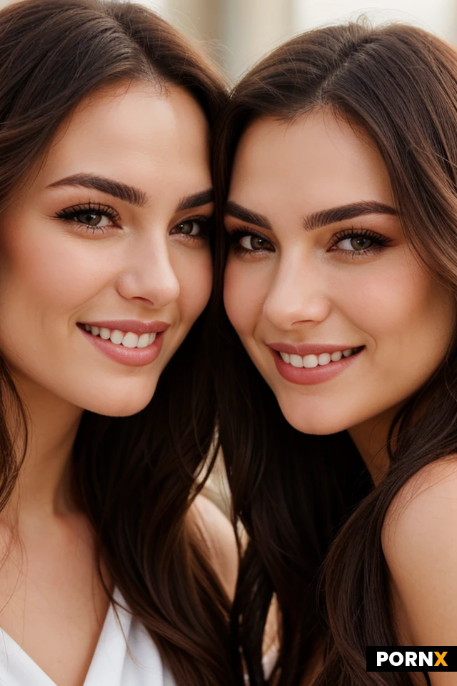extreme close-up of two pretty women, brunettes, faces close together, smiling into camera, long hair, lots of make-up, just their faces