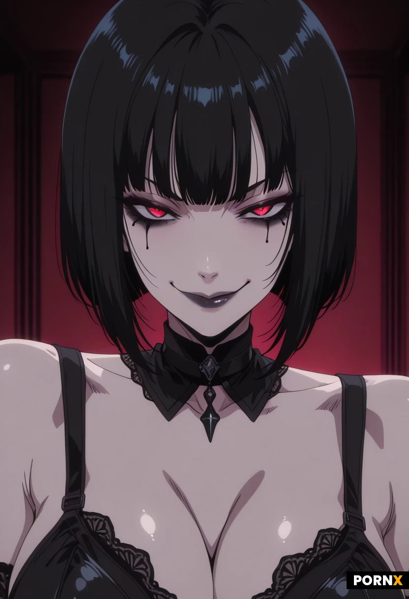 masterpiece, best quality, highres, absurdres, 1girl, bob_cut, large_breasts, cleavage, slim, gothic_makeup, dark_eye_makeup, gothic, teasing, looking_at_viewer, upper_body, smirk, indoor, soft_light, portrait,