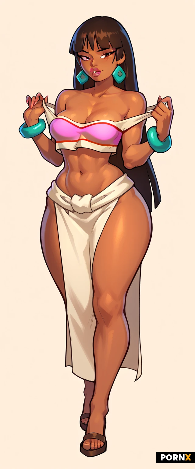 One woman, Latina, 18 years old, wide hips, hip lines, dark brown skin, el dorado, medium breasts, perky breasts, fit, midriff, hip lines