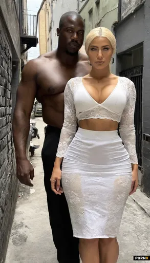 One thin female model standing at a back alley next to a muscular big black guy in a ghetto gangster