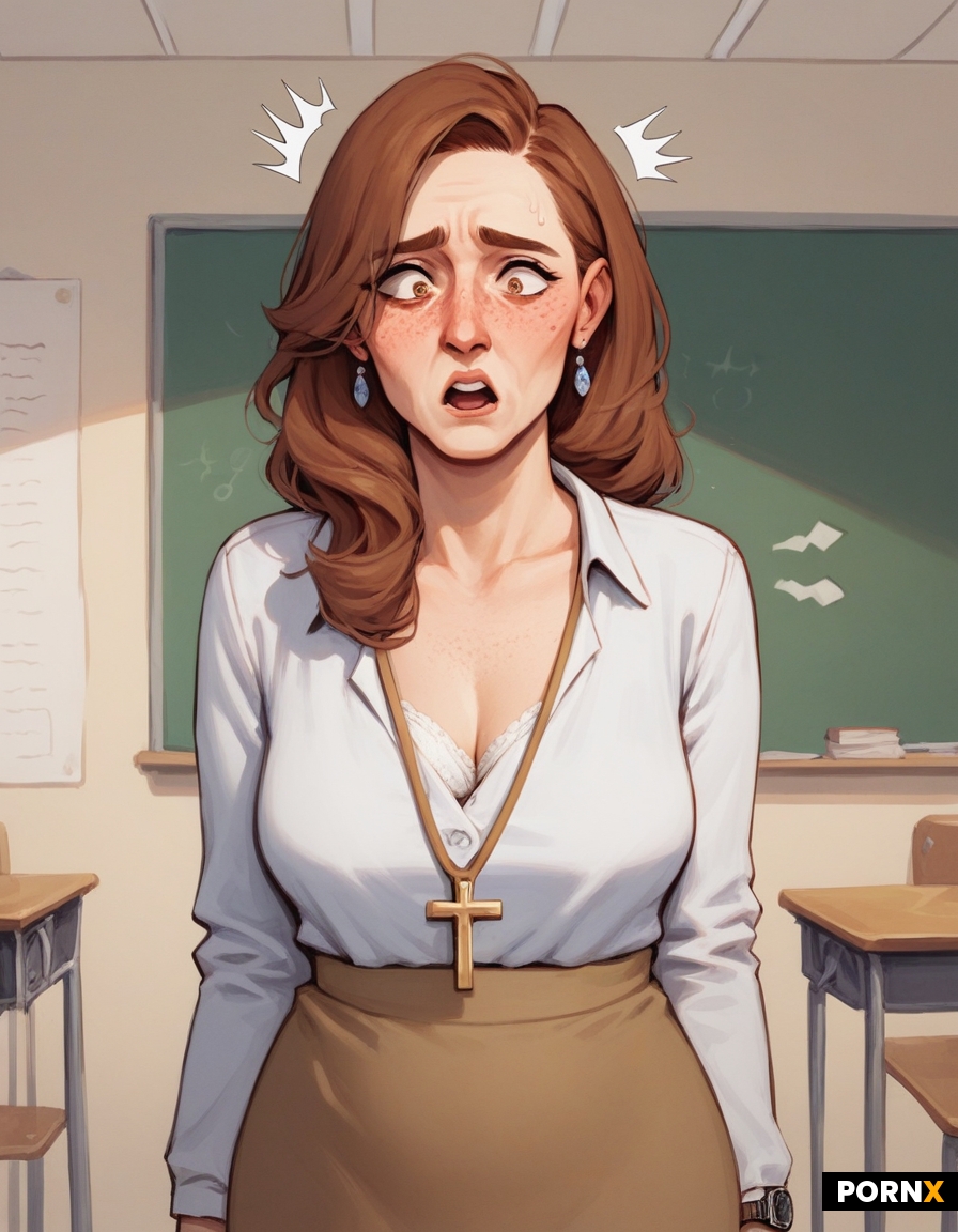Married teacher in 80's teachers clothes standing in front of a classroom