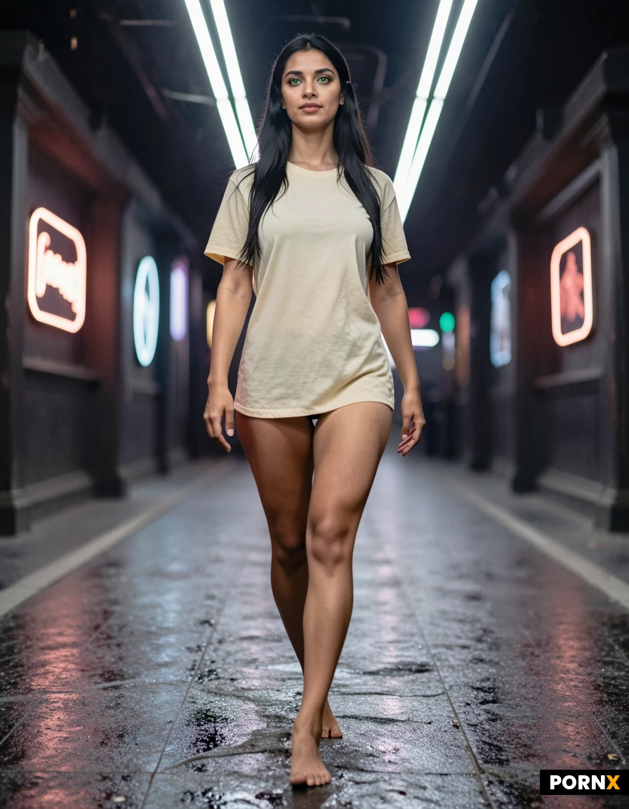 masterpiece, best_quality, highres, absurdres, wearing only wet t-shirt, white t-shirt, short t-shirt, exosed vagina, transparent, naked, red_lipstick, dark_eyeshadow, walking, full_body, walking, confident, smirking, nightclub, dim_lighting, smoky, atmospheric, dark_shadows, neon_lights, dance_floor, cinematic, rim_light, motion_blur, full body view