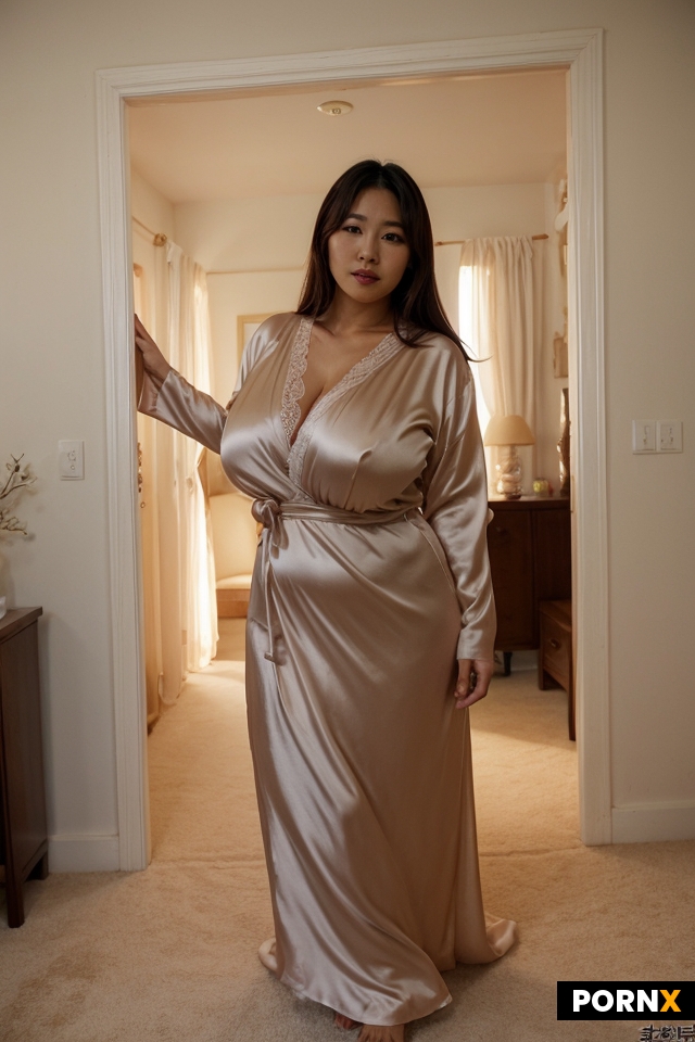 Collosal breasts thick Korean milf wearing a thin silk sleeping gown
