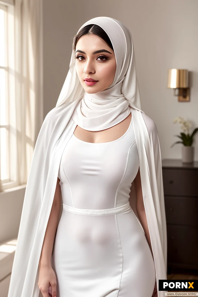 Woman,Arabic,27 years,muslim,hourglass body,sexy,beautiful,horny,makeup,busty lips,long hair,wavy,dark,wearing: A fitted, long-sleeved light gray/off-white salwar kameez paired with a lightweight draped dupatta covering her head and layered neatly around her neck,standing,sexy poses,room,high resolution,highly detailed,realistic,rendering.