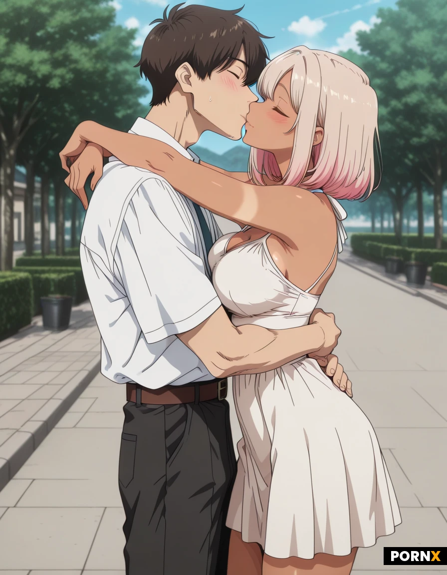 masterpiece, best quality, 1guy1girl, highres, anime, extreme detail, cute human woman, perfect cute svelte body:1.5, athletic:3, slim:3, lithe body:3, skinny, tanned, modest summer outfit, sidewalk, she confesses her love to him, cute girl:3, shy girl, guy gives her a big hug, kissing sensually and lovingly, true love, kissing on the lips, vibrant scene,