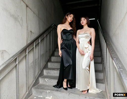 realistic fashion photograph of six Asian women posed together on a raw concrete staircase in an ind
