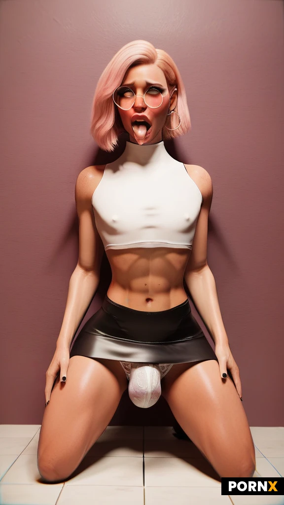 Femboy bimbo whore, kneeling in front of a glory hole, 21 years old, skimpy clothes, model face, (detailed face and eyes:1.2), pale skin, tight white sleeveless crop top, black leather skirt, pink bob haircut, large round glasses, freckles, blushing, ahegao, huge bulge in white lace panties peaking out under short skirt, flat chested