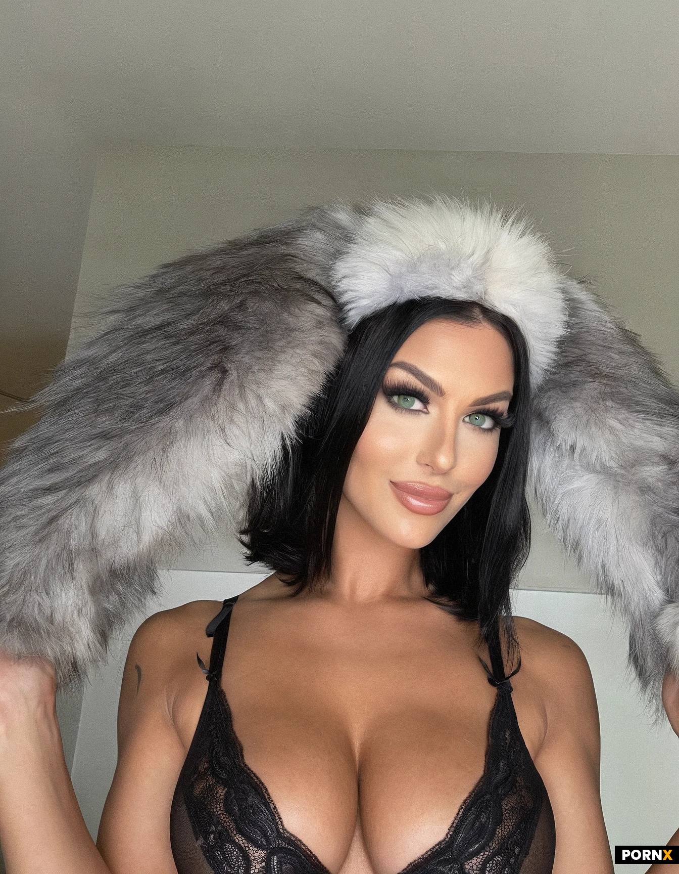 Woman, 25 Years old, White, medium length black hair, Fluffy hair, Green eye color, slight smirk, medium fake breasts, lingerie, tanned skin