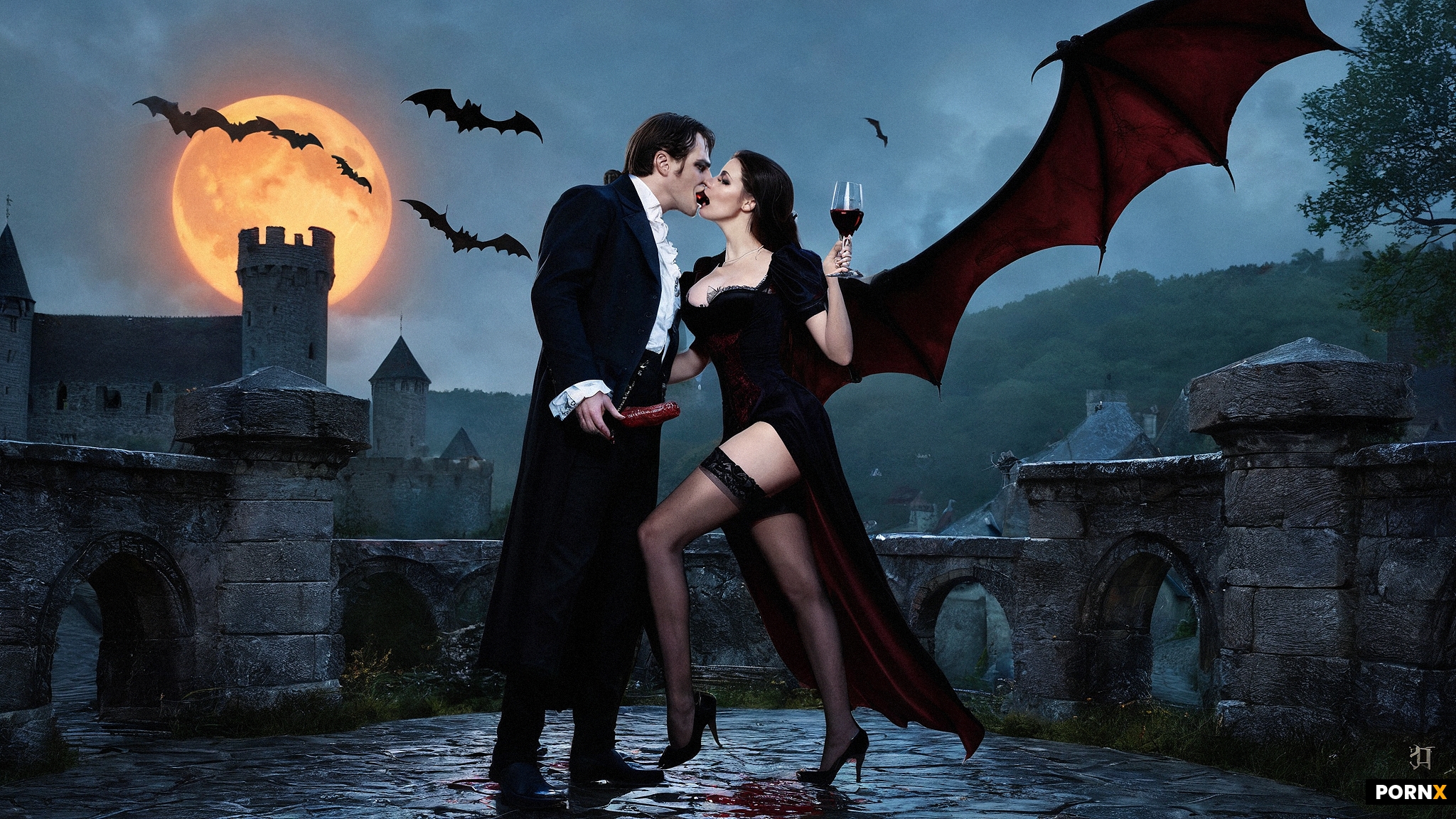 A brunette vampiress with medium breasts and long elegant legs drinks a dark red liquid from her win