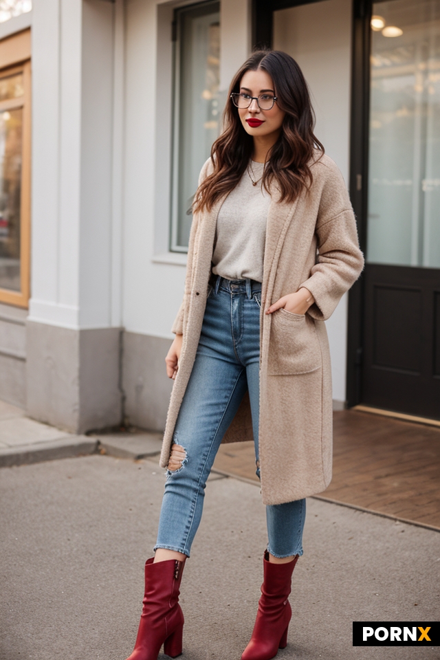 Woman wearing casual outfit with boots with messy hair with glasses and red lipstick