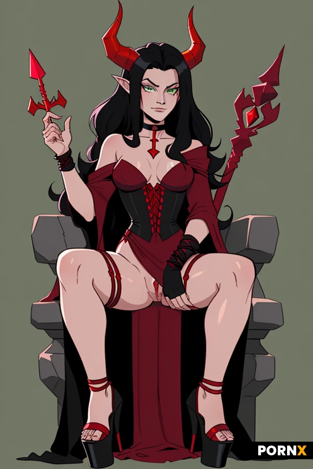 A demon or devil queen seated on a carved stone throne. She has small red horns, long black hair, bright green eyes and a red arrow-tipped tail curling up. Wearing a long black gown with red cord lacing crossed over the bodice, legs open, exposed pussy, red strappy platform heels, and a choker with a red gem shaped like a slit eye. Her right hand holds a tall silver trident. The background is a dark maroon-to-purple. Clean-lined comic book illustration with flat cel shading