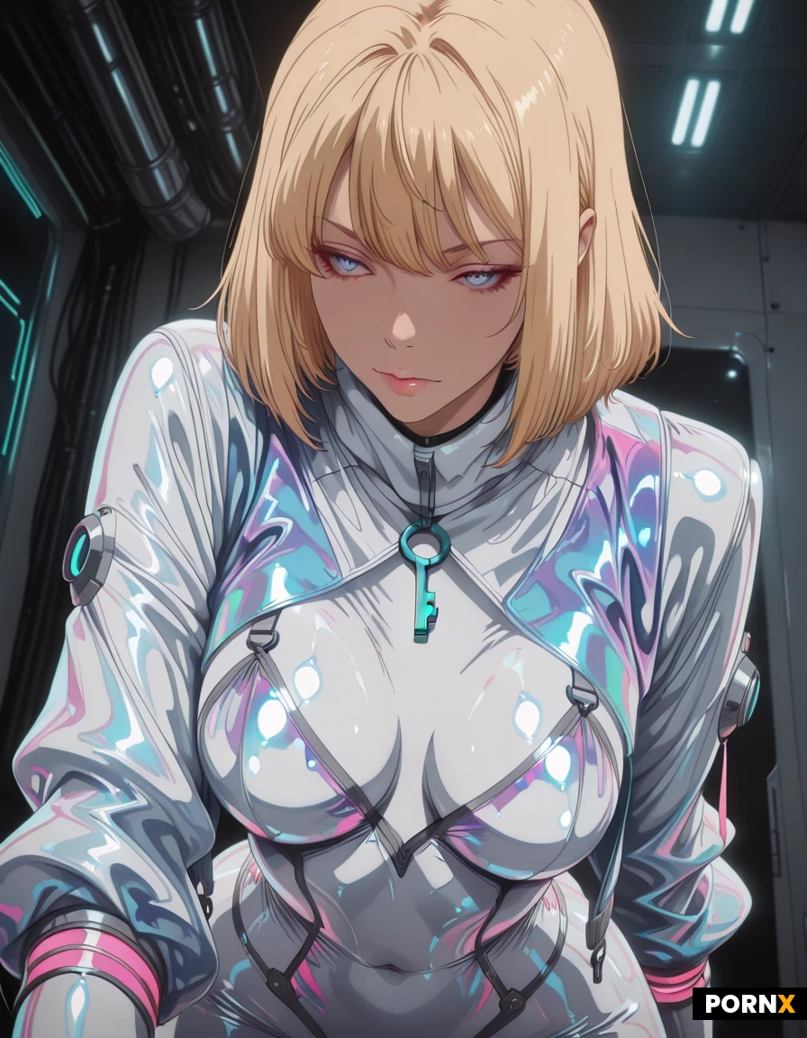 sexy woman, high-end anime key visual, short blonde hair, iridescent white bodysuit and an iridescent holographically reflective neon jacket. sci-fi anime-inspired aesthetic rendered in hyper-realistic digital painting style, 8K, ultra-photorealistic rendering, studio lighting, sharp focus.