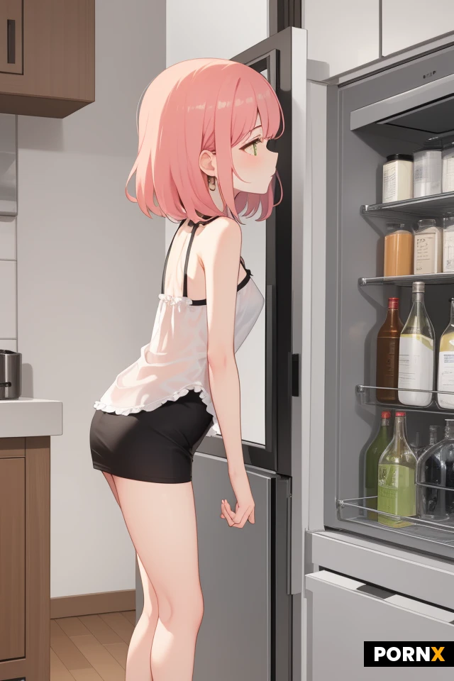 A woman bending forward in front of an open refrigerator in a dimly lit kitchen. She is positioned with her back facing the camera, leaning into the refrigerator while reaching down toward the lower shelf. One arm extends upward to hold the refrigerator door, while the other reaches toward a row of bottles inside. Her posture creates a strong diagonal line through the composition, emphasizing the contrast between her upper body and her extended legs.
She wears a loose, dark gray sleeveless top and bright pink underwear, which is partially visible beneath the hem of her shirt. Her bare legs are extended, with her feet close together and her heels slightly raised off the floor. Her head is turned toward the refrigerator interior, making most of her face difficult to see. A small portion of her profile and hair is visible in the bright light coming from inside the appliance.
The refrigerator occupies much of the left side of the image. Its interior shelves and door compartments are illuminated by a bright, cool-toned light, contrasting with the warm, subdued lighting elsewhere in the room. Several brown glass bottles, some with red or yellow labels, stand closely arranged along the bottom shelf. Additional containers and small items are visible in the refrigerator door compartments, including a bottle with a red cap on an upper shelf.
To the right, dark kitchen cabinetry and a wooden cabinet front form the background. The floor appears to be dark wood or laminate, reflecting a small amount of light near the woman's feet. The photograph is taken from a low angle behind the woman, creating a perspective that makes the foreground prominent.