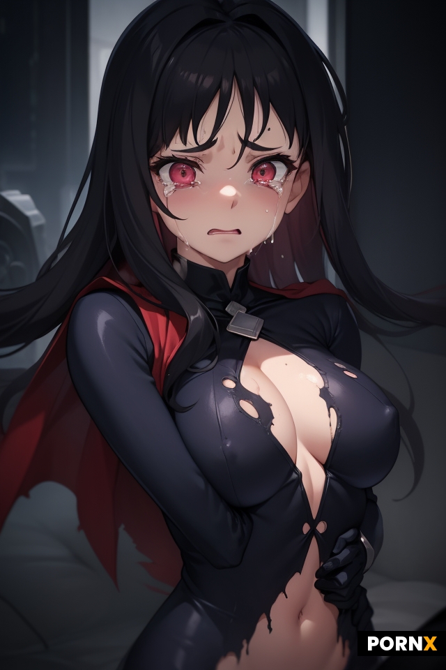 A superheroine with a scared expression and tears and mascara running down her face has cum all over