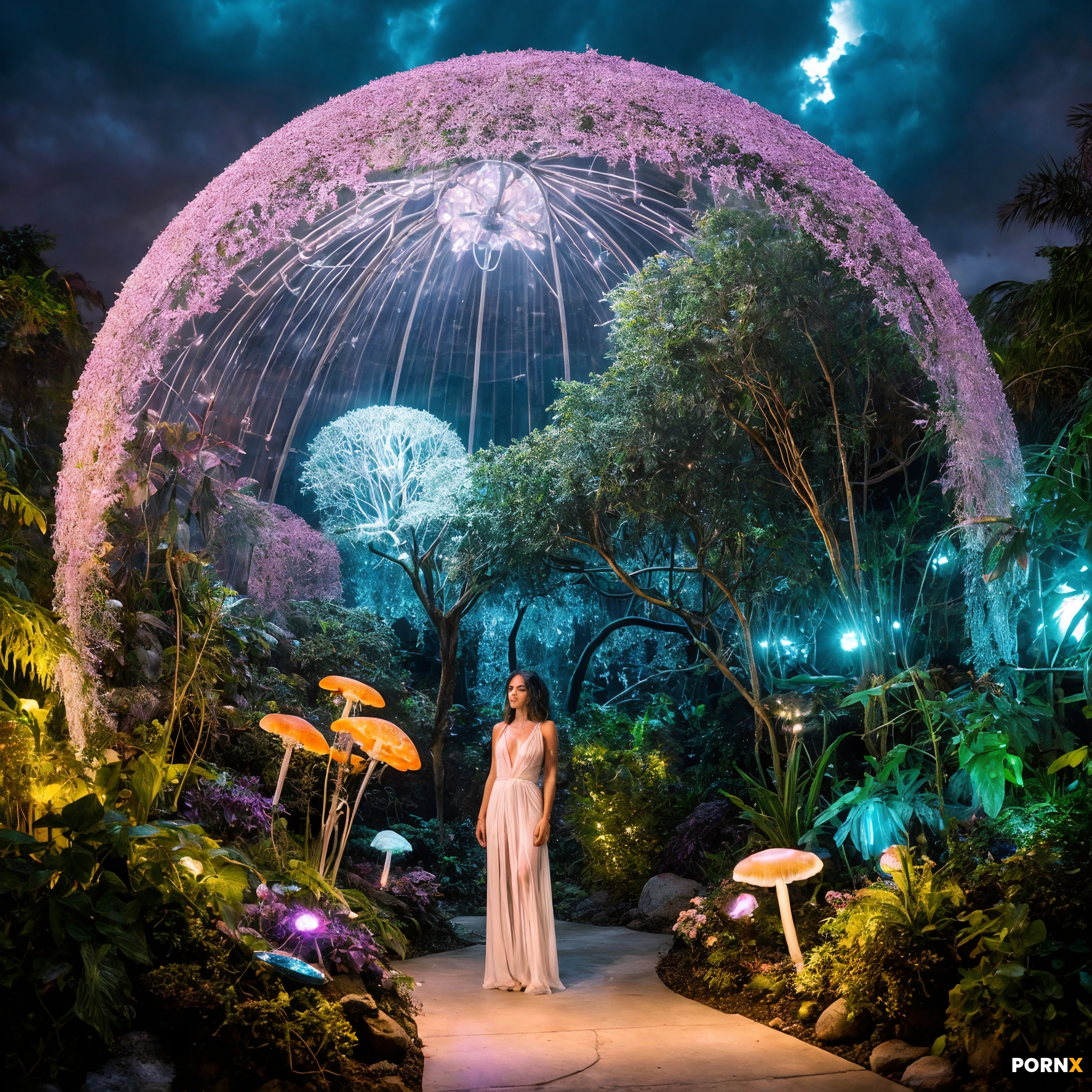 scene_description: A gorgeous woman emerges from a round glass structure that appears to be a large 