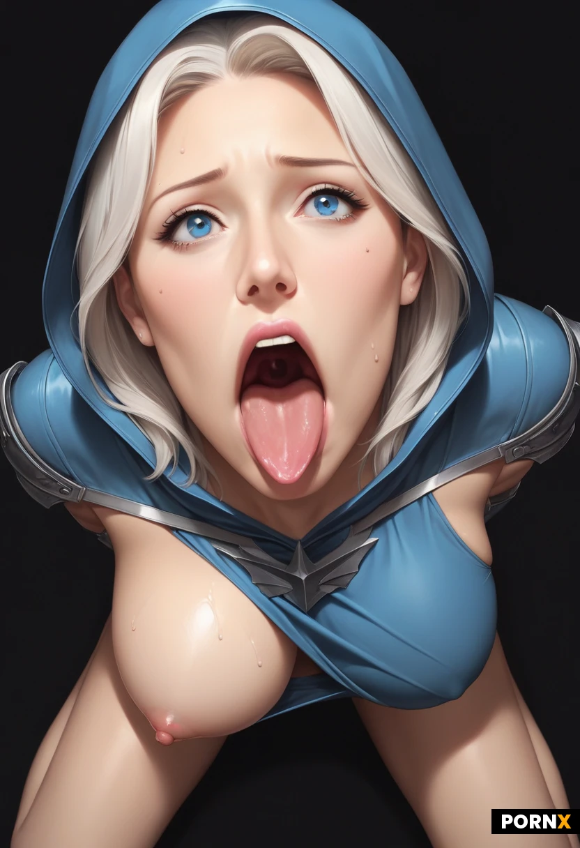 (A woman) long white hair, torn blue clothes and armour, blue hood, slim wasit, big busty round tits, hourglass figure (big wide blue eyes:1.4) bare legs, (Ultra-realistic) high res, detailed skin texture. sexyleague. realistic Sweat,, cinematic, (black background:1.5). Frostarcher. Scared expression, (worried expression), regal (ice arrows) high angle view pov, kneeling, looking up, big open mouth, one breast exposed (arms behind her back), tongue out, head back (mouth focus) (detailed inside of her wet mouth visible:1) (consensual) gorgeous pink lips, (view of the inside of her open mouth:1.3)