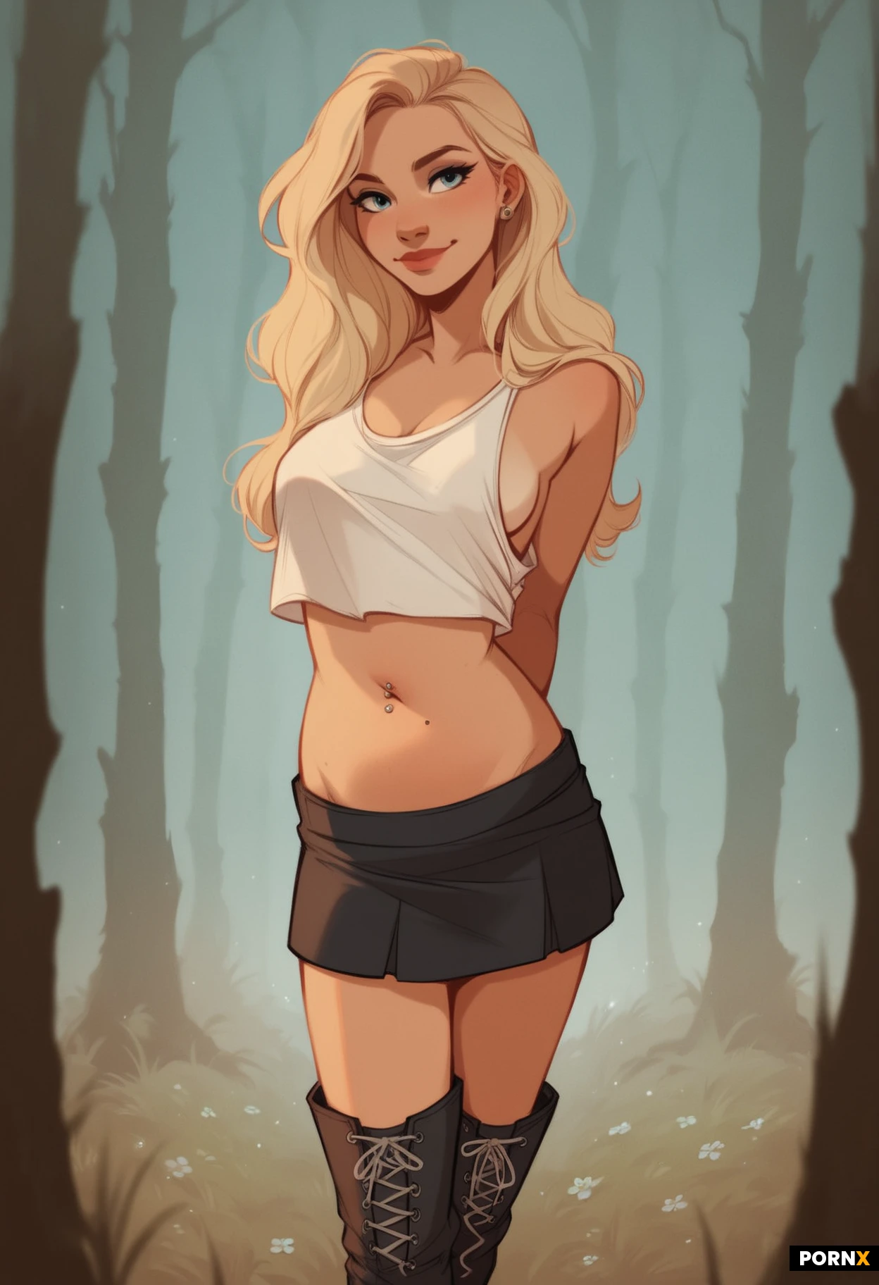 NSFW Masterpiece,Score_9,score_8_up,score_7_up,(best quality:1.1),ultra-detailed,high resolution,super detailed skin,nsfw,Highly Visible,8k,sharp focus,beautiful,perfect lighting,smooth edges,realistic, 2D digital art, BREAK,Beautiful woman,swedish face,age 25, pale with subtle bikini lines, (blonde hair:1.5),blu eyes, natural medium breasts,seductive face,(peasant top, short skirt, brown knee high boots:1.8), ( sunny, summer, forest:1.6), (boob drop, stripping, strip tease:1.7), seductive pout, playful, (diamond belly button piercing:1.8)