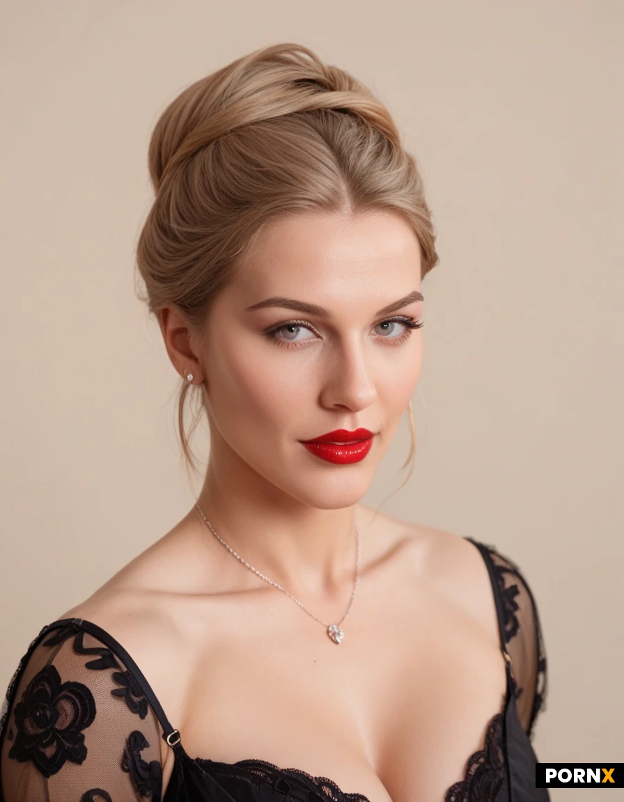 "A high-definition, professional studio portrait of the woman from image_0.png, maintaining her exact facial features, light brown hair, central parting, and red lipstick. She is wearing the black dress with lace cap sleeves and lace V-neckline trim, positioned in a direct, medium-shot pose looking at the camera. The background is a sophisticated, light beige wall with subtle classic panel molding, replacing the previous plain background. The lighting is soft, even, and flattering, highlighting her features. The focus is sharp on the subject