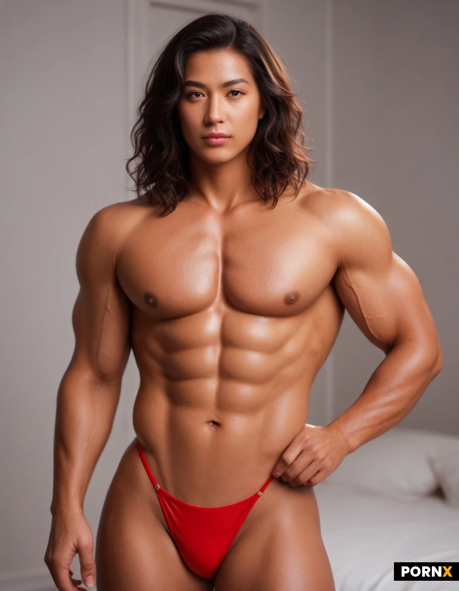 (Transgender). Buff. Big muscles. Hormones genderfluid. Glamour. Red thong. Crossdresser. Big thick. (God mixes with hunk hormones body: 1.8). Steroid veins. Femboy Asian. (Detailed tan skin :1.3). Wavy bangs hair. Pecs. Topless. LGBTQ. Large shoulders. Bulk physique body. (Thick :1.5). Masculine features