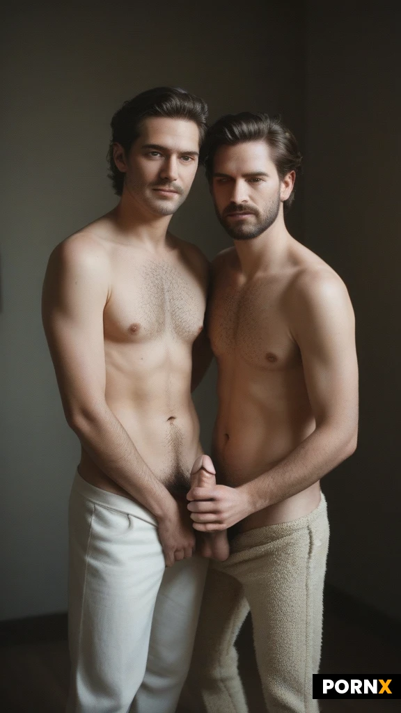 (gay:1.1),(Two cute_Men together,identical_twins:1.1),(handsome:1.1),
(((against of man in background,arm behind back:1.2),Sitting hugging waist,reach_around_handjob between legs:1.2):1.2),(better hands) (imminent_kissing:1.3),goatee
((Lovely_serious:1.3):1.3),((Skinny_adult,flat_chest:1.3):1.3),((hairy chest,hairy legs:1.2):1.2),(hairy,naked,open white linen pajama pants down:1.3),ceiling
<lora:055:0.5>,( closeup erect penis:1.3),
Penis,<lora:bettercocks:0.8>,(Highly detailed eyes),(shot_on_85mm_at_f/2.8,8k:1.0),(sharp_focus:1.0), (visible_skin_texture:1.0),(film_grain:1.0),(masterpiece, best quality, highres, absurdres),(better hands)