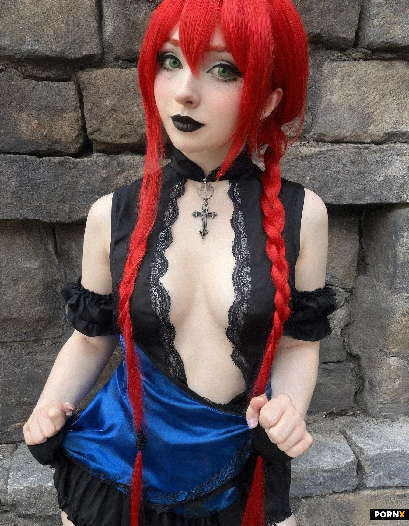 19 years old, (very_cute_anime_like_face:1.5), long braided hair,pov blowjob, standing, freckles,blue medieval dress that shows cleavage, panties pulled down,bangs, red hair color,panties,exposed, green eye color, big eyes, beautiful face,pretty face, goth makeup, black lipstick,long eyelashes,skinny body, curvy body,flat chested, small breast, (small waist:1.25), (wide hips:1.5)