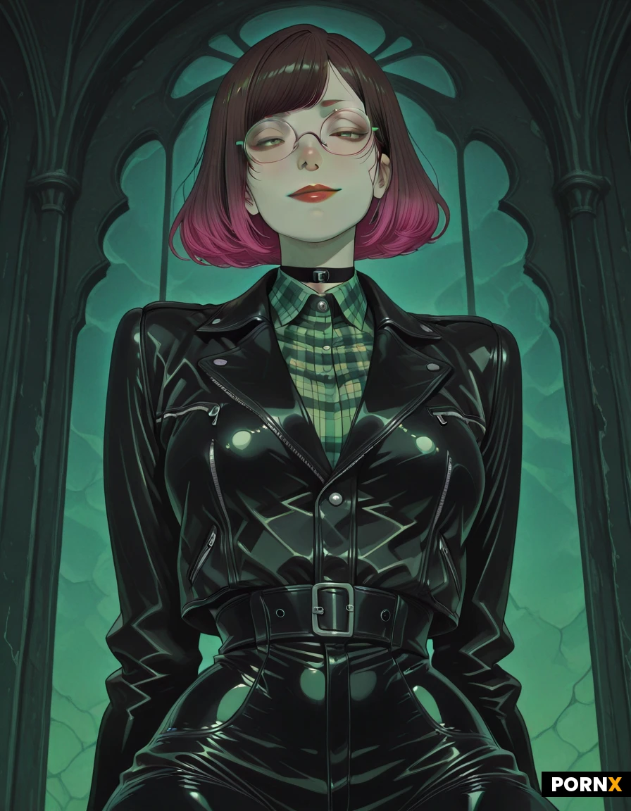 Face: Fair complexion with an oval shape.
Hair: Dark brown and straight, styled with deep side-swept bangs.
Eyes & Glasses: Dark eyes framed by thin, round, wire-rimmed glasses, sitting below slim, gently arched eyebrows.
Nose: Straight and slightly prominent.
Lips: Full, tinted with a deep dark-red lipstick, and settled into a subtle, relaxed smile.
Body: slim and slender build, lean, characterized by a narrow waist and long, delicate appearance
style and clothes: mix of Soft Grunge and Edgy Alternative (Geek Chic), black leather moto jacket, plaid shirt, tight black leather pants, choker, and dark color palette.