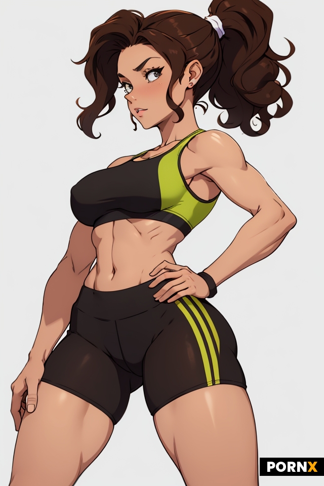 Busty brunette woman with curly medium length ponytail and small breasts wearing sports bra and span