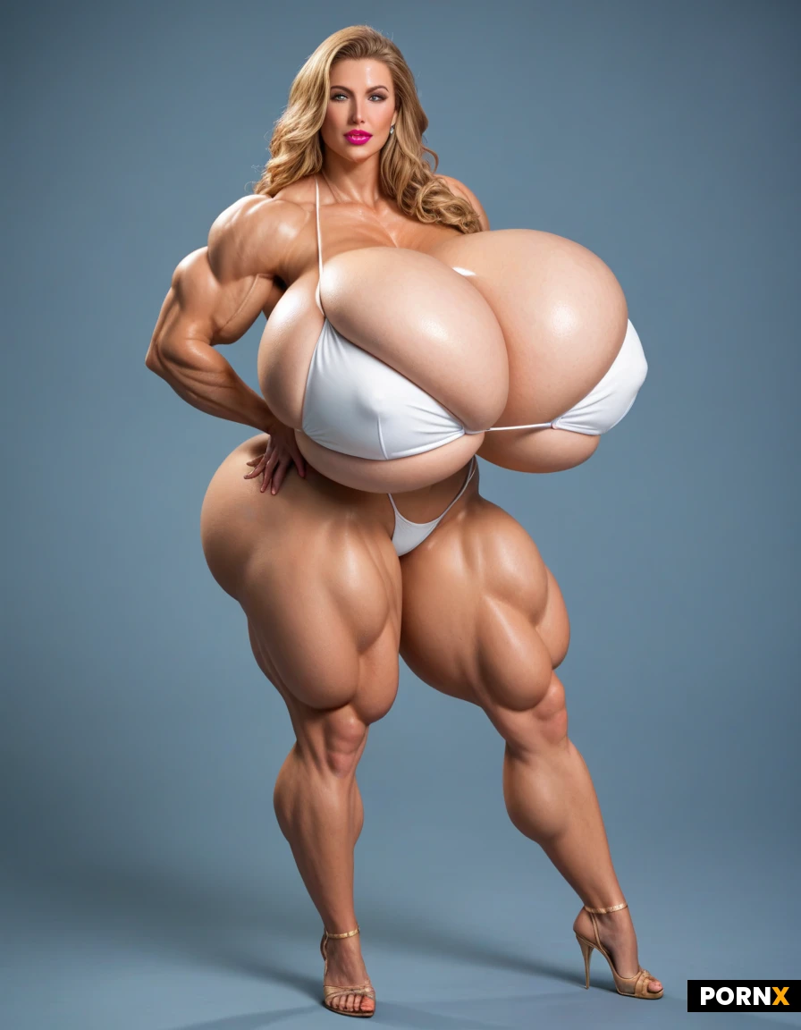 Full body image of a Super mega muscular female bodybuilder model, in her 20s, super slim tiny waist, incredibly mega exaggerated huge boobs, ultra detailed, high resolution, anatomically accurate, perfect fingers, perfect anatomy, (hyper extreme colossal breasts: 1.09999), her soft floppy drooping natural breasts spill down to her sides, breasts drop to the sides of her chest, hyper massive breasts, breasts hypertrophy, disproportionately(gigantic colossal hyper breasts: 1.09999), unrealistic breasts size, giant expansion breast, extremely huge voluptuous breasts, massive breasts, her hair reaches her knees, straight super long golden hair, super defined sixpack which shows every single ab absolutely ripped and defined, perfect hourglass figure, super mega thick tree like muscular legs, perfect face, perfect facial features, sexy face, perfect muscular hourglass, Bright emerald-green eyes with a mischievous glint, smoky liner, glossy bitten-pink lips. Extrem exaggerated muscles, wearing a white bikini, doing an erotic pose
