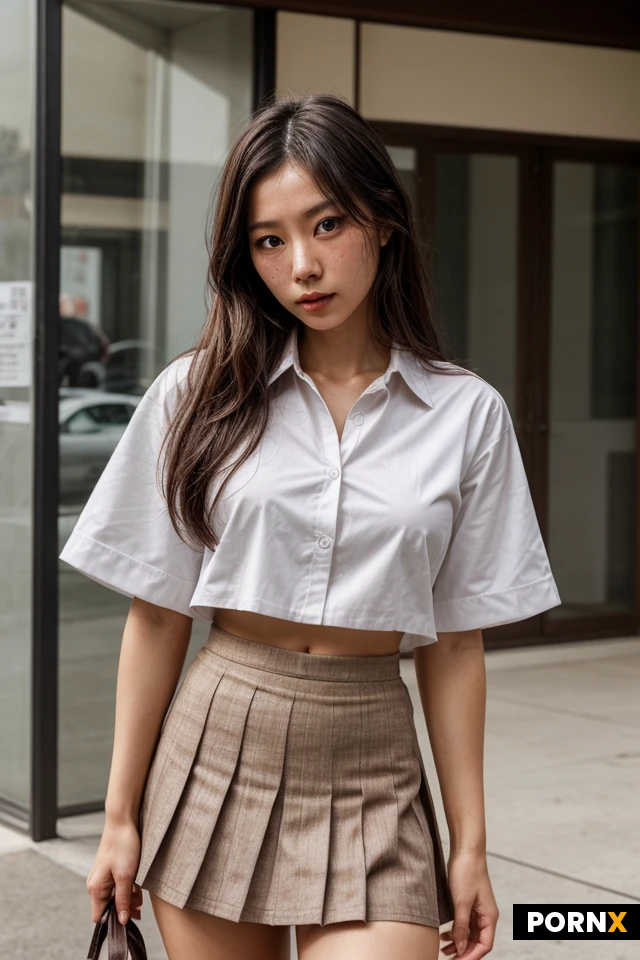 Japanese woman, long, messy dark brown hair, slight freckles across her nose, sharp intense brown eyes, cold expression, medium breasts, narrow waist, athletic body, She is wearing a slightly unbuttoned white uniform shirt and a dark pleated skirt.