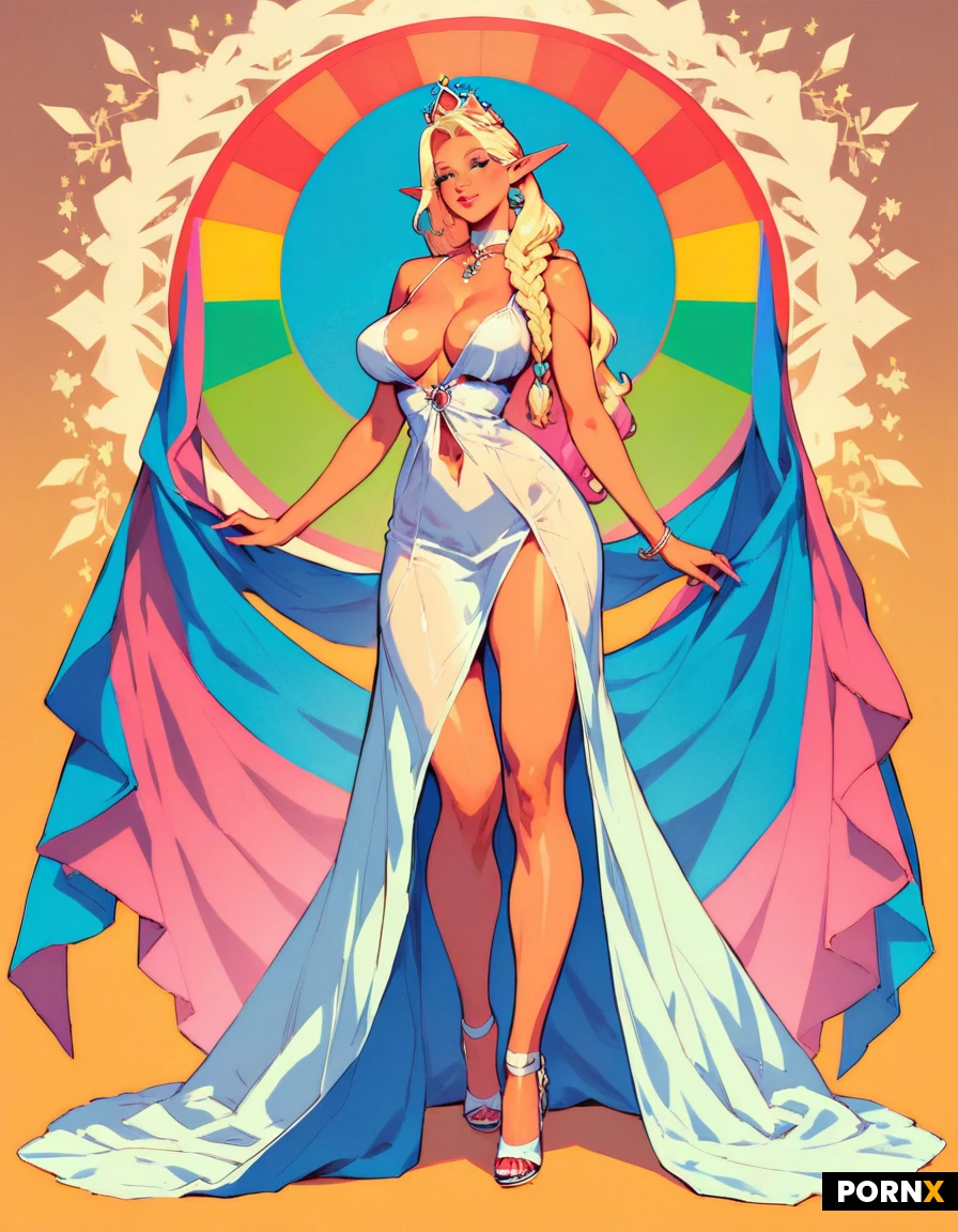 Woman, elf, elf queen, bimbo, crown, blonde, braided hair, huge round perky tits, small waist, stiletto heels, big ass, nightgown.
Full body portrait, high detail, anime art style, elegant bedroom background