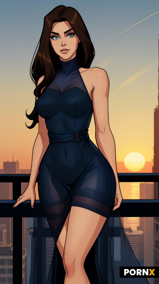 Woman, 25 years old, Spanish, beautiful, perfect eyes, detailed face, brunette, caramel skin, medium breasts, rounded breasts, curvy, high res, perfect eyes, detailed face, long hair, (sheer silk navy dress:1.5), sleeveless dress, standing on the balcony of a penthouse suit, modern skyline, seductive pose, 3/4 body view, (naked), leaning back on railing, legs spread wide, sunset