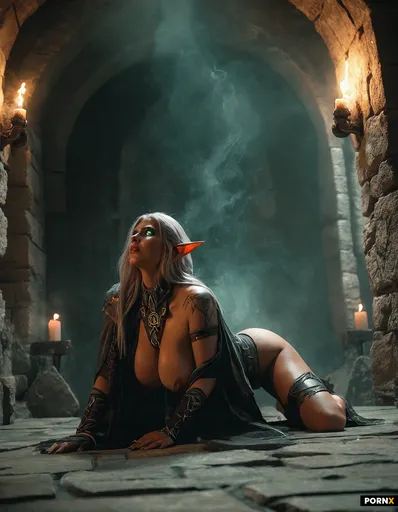 An adult elf warlock with luminous corrupted eyes