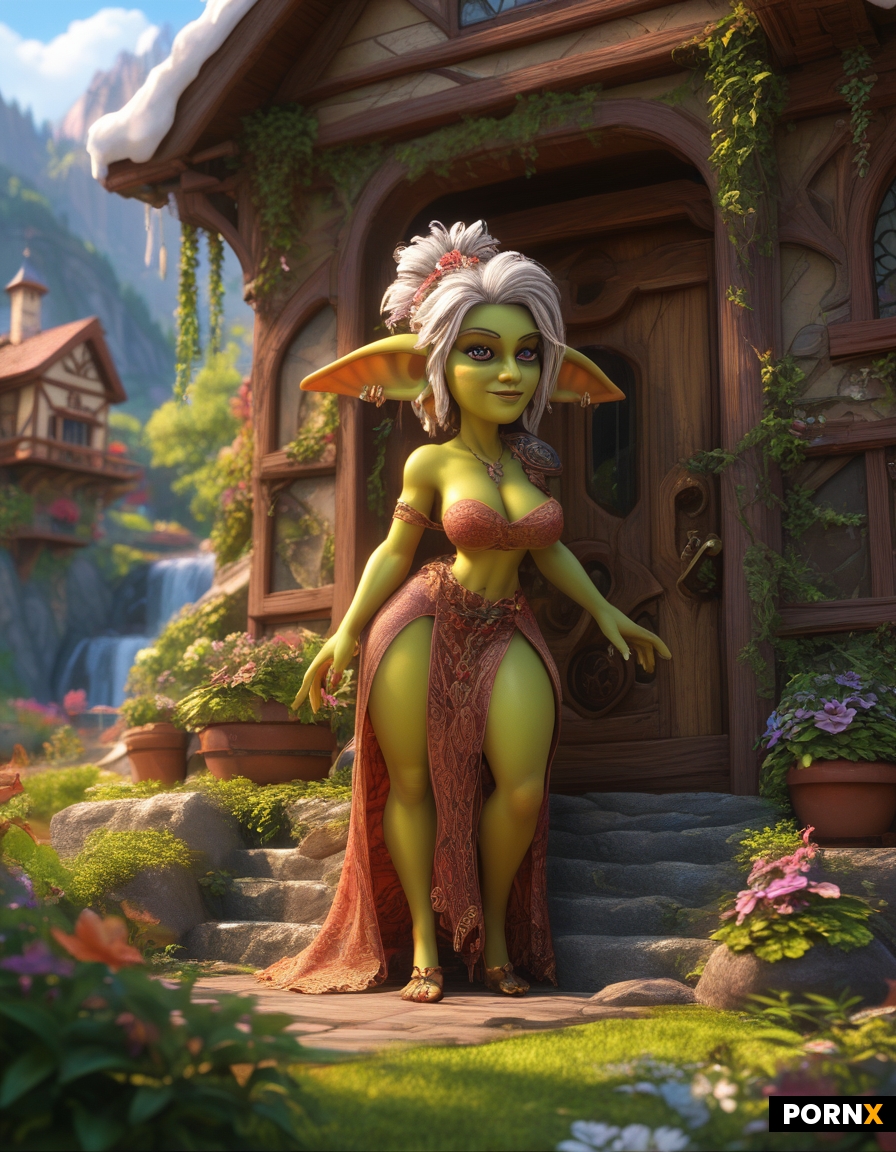 A short sexy goblin woman with pierced ears in front of a futuristic sci-fi style hobbit house in th