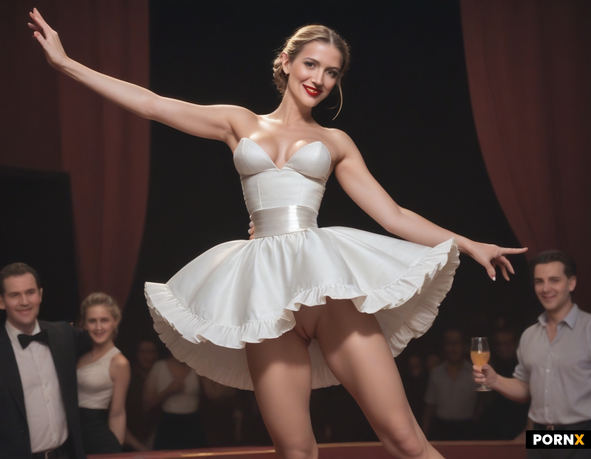 German woman dancing with men in background