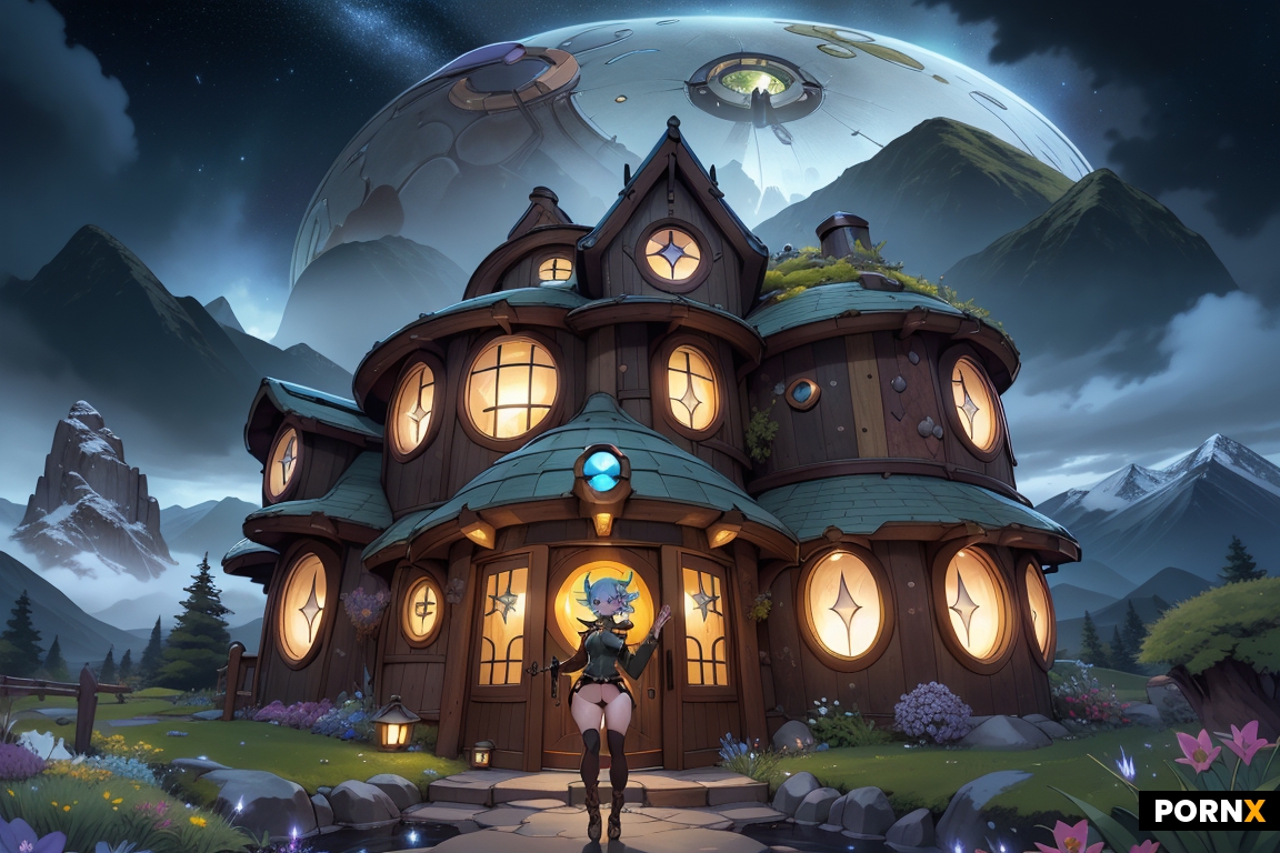 A short sexy goblin woman with pierced ears in front of a futuristic sci-fi style hobbit house in th