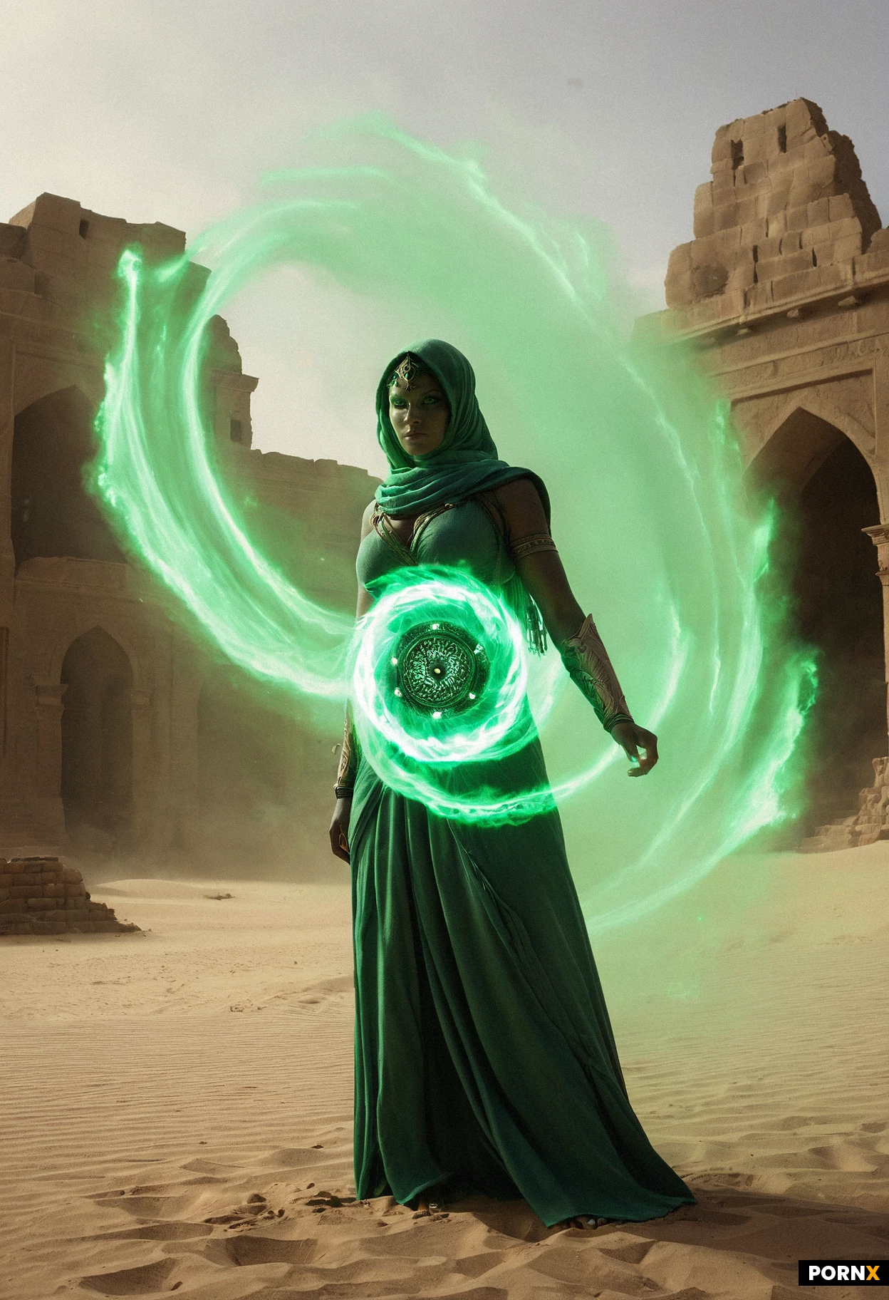 A powerful female djinn with eyes of green fire hovers above desert ruins, a colossal spectral presence emerging from swirling sand and wind.
