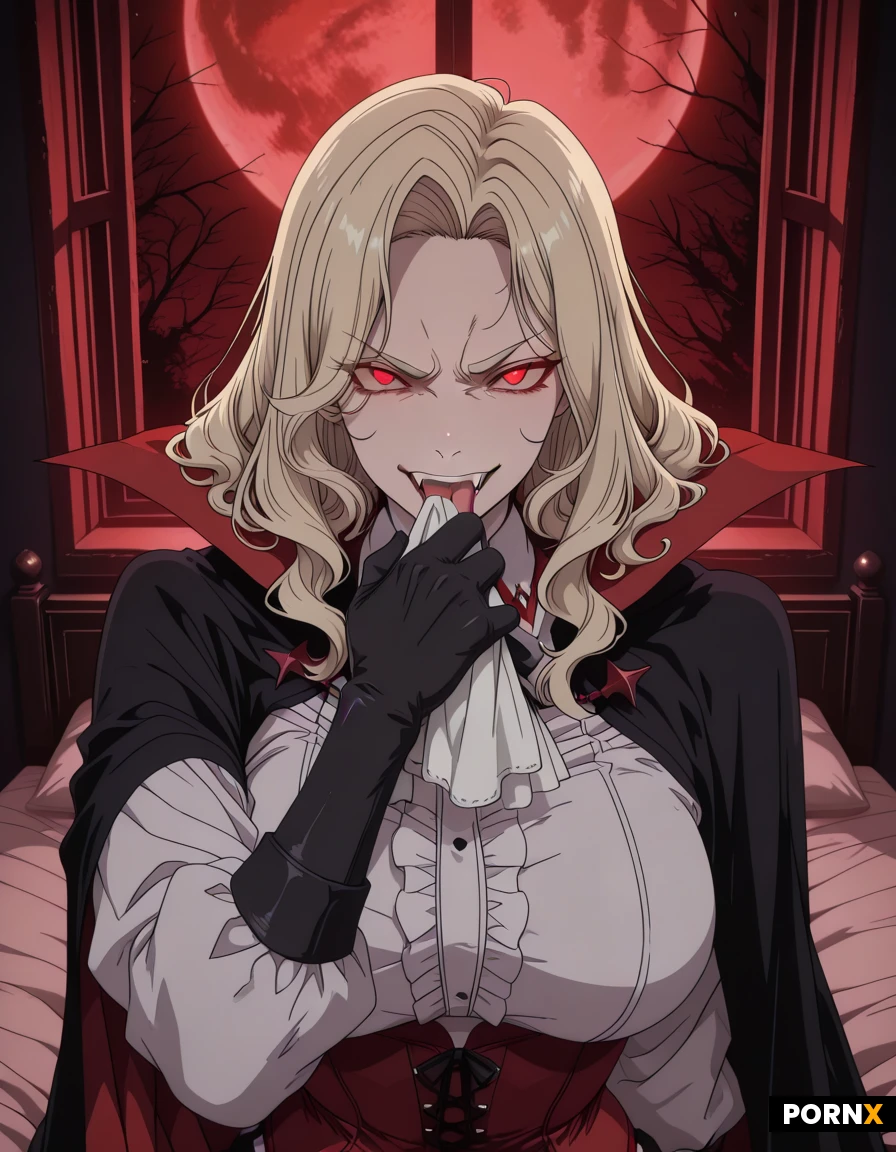 Anime-style portrait of a pale-skinned vampire woman with long wavy blonde hair and soft curls, glowing red eyes, sharp fangs, tongue out, biting and licking a white handkerchief held in gloved hands, intense angry expression with furrowed brows, wearing a white ruffled blouse with high collar and frills, red corset belt, black and red high-collared vampire cape, black gloves, large breasts, sitting on a bed in a dark bedroom at night with full moon visible through large windows, gothic atmosphere, detailed anime art style, high quality