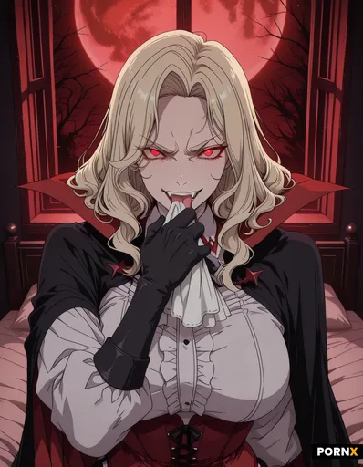 Anime-style portrait of a pale-skinned vampire woman with long wavy blonde hair and soft curls