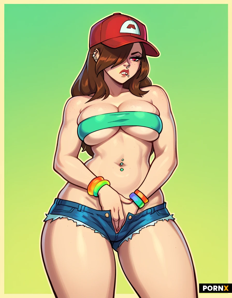 female, slim body, avarge boobs, pale skin, long straight brown hair, hair covering one eye, red baseball cap, red eyes, makeup, eyelashes, nose piercing, freckles, bored but flirty face, neon green tube top, cleavage, underboob, belly out, navel piercing, denim shorts, denim shorts down, colorful bracelets, park, fingering pussy under shorts, masturbating under shorts