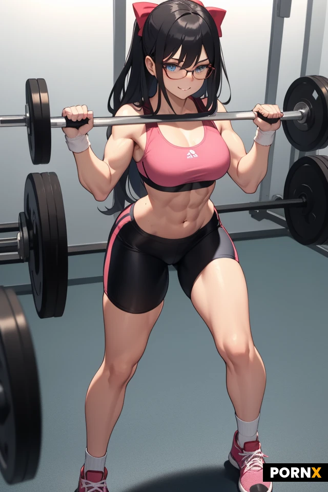female, height: 175 cm, age: early 20's, long hair, black hair, shiny hair, bangs, blue eyes, pink lips, eyeglasses, reddish-pink hairbow, broad shoulder, medium breasts, slim waistline, long legs, athletic, toned, fit, slightly muscular, slightly tanned, light pink sports bra, dark grey bike shorts, calf length socks, tennis shoes, fingerless gloves, weightlifting gloves, double biceps flexing, arms spread out, powerful posing, strong stance, determined face, slight smile, high-tech gym,