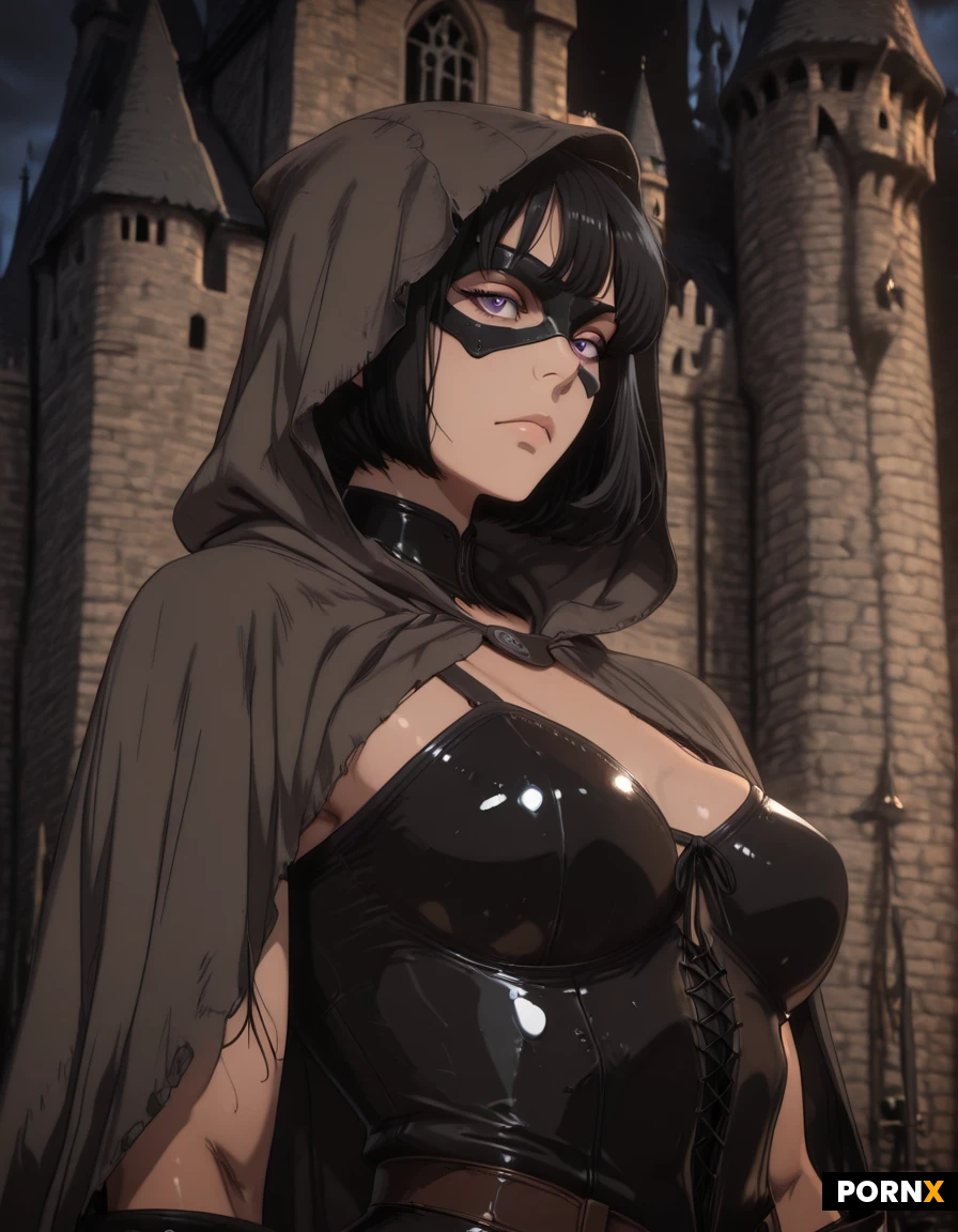 masterpiece, best quality, highres, absurdres, portrait, looking_at_viewer, upper_body, standing, serious, cloak, hood, leather_armor, dark_clothing, medieval, spy, mask, gloves, dim_lighting, dramatic_lighting, cinematic, castle, intricate_details, sharp_focus, depth_of_field