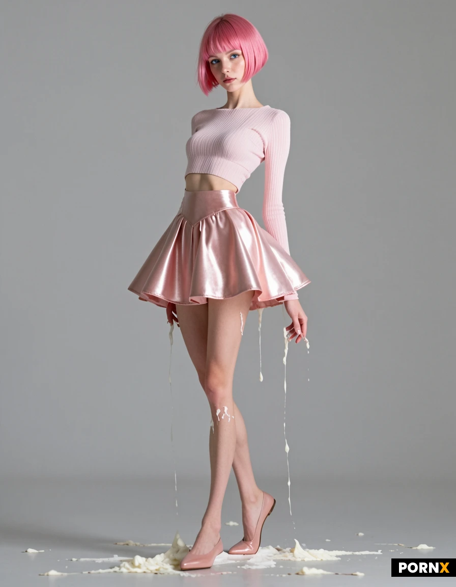 A fitted cream ribbed crop top, paired with a high-waisted flowing blush-pink satin midi skirt with a thigh-high slit. Finished with pointed cream ballet flats.