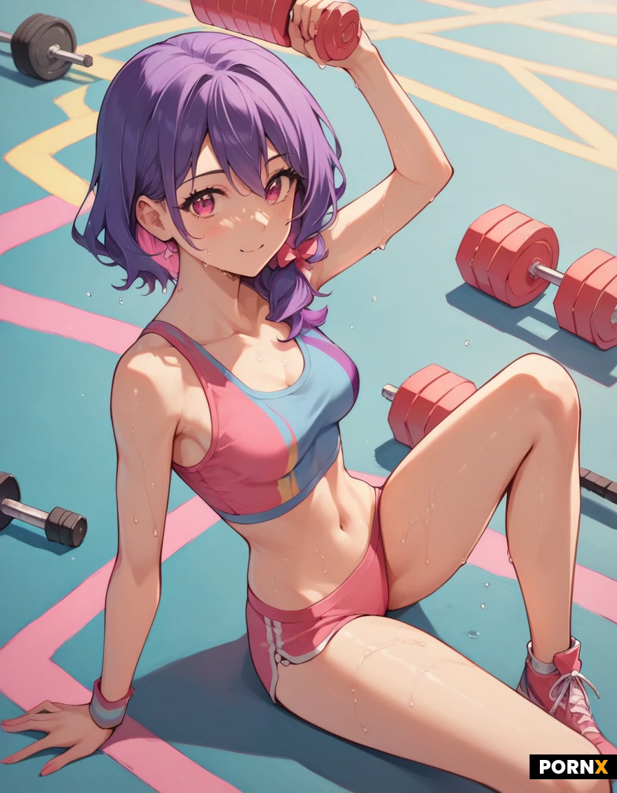 anime, perfect body:1.5, woman, soft cute face:1.5, cute:1.5, super slim, tight detailed skin:2.0, natural curves, long sexy legs, lean svelte luscious figure, short pretty hair, cute casual athletic-wear, petit, cute idol, adorable:1.5, perky, thigh gap, anime,energetic and carefree and messy and wild, exercising, amazing athlete, cute sexual couple, super horny and sexual, intimate couple scene, wet groin, sexual arousal,