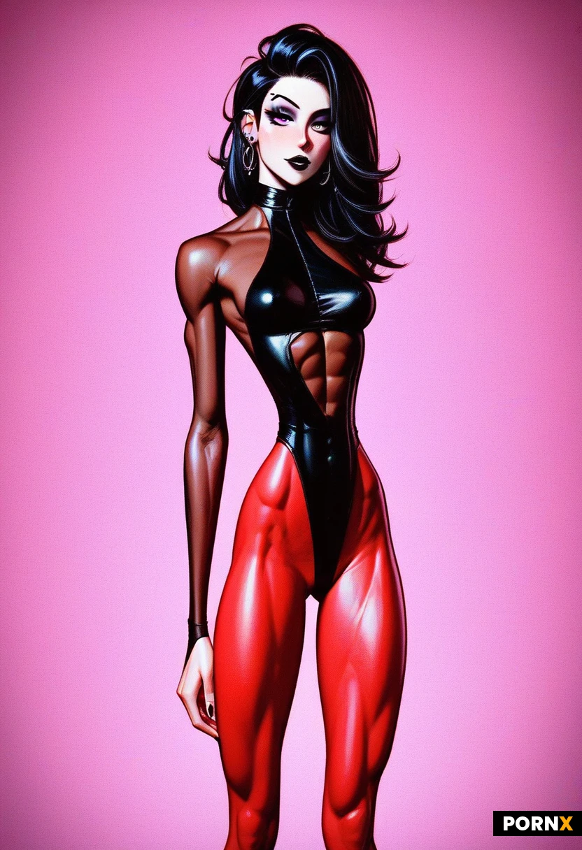 (a hot slutty goth camgirl, (thin build:1.4), small breasts, cute face, (extremely thin waist:1.5), toned muscles, small rounded ass, pronounced thigh gap, (long messy red hair with black highlights), pale skin, big purple eyes, black lips, ear piercings, very seductive looks), modern bedroom, very skimpy underwear, exposed abs, facing viewer