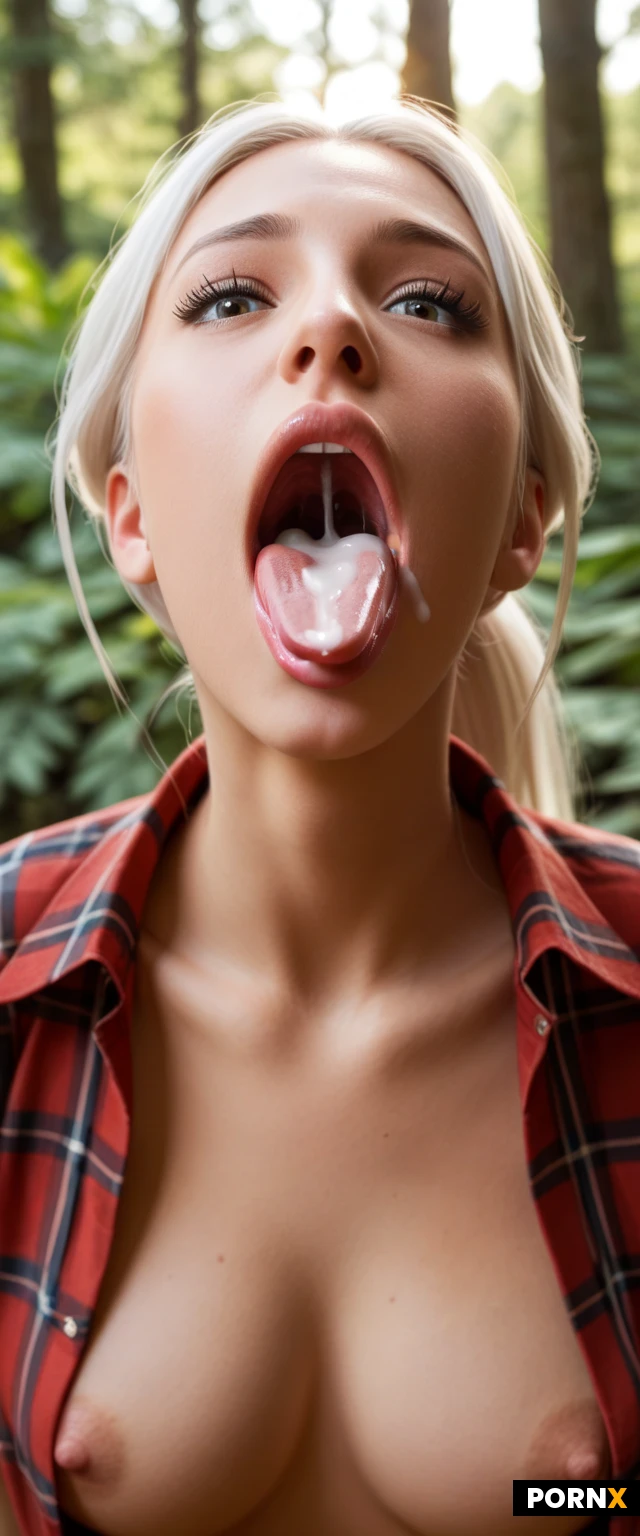 orgasmface,openmouth,drooling,eye liner,head back,giving blowjob,(deepthroat),coughing, cum,big mouth open,tongue extended,(gargeling cum:1,6),head back,(tongue out:1.8),(wide open mouth:1.8),(coughing cum:1.2),cute model,girlfriend,submissive babe face,firm perky breasts,brown skin,long bob ponytail,white hair,looking at you,forest cabin,sunlight,slutty thong,open plaid shirt