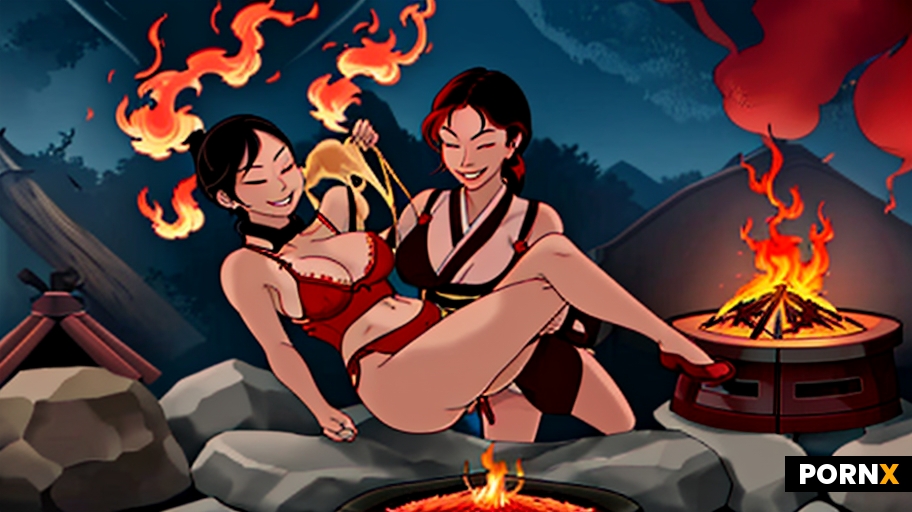 Japanese woman in shibari dangling in the air in ropes over a raging firepit with tall engulfing fla